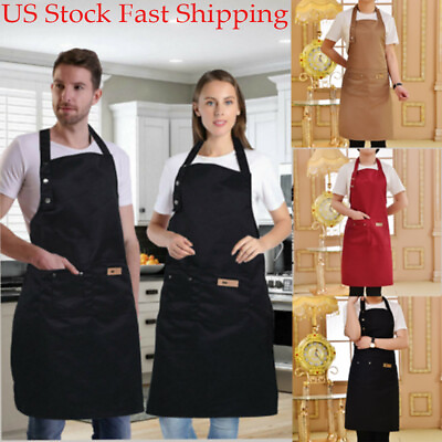 #ad Men Women Adjustable Bib Apron with Two Pockets Waterproof Kitchen Cooking Apron $7.99