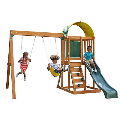 #ad Wooden Swing Set Playground Outdoor Cedar Playhouse Backyard Kids W Slide New $379.99