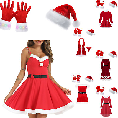 #ad Women Santa Claus Sweetie Costume Christmas Dress and Santa Hat Fur Trim Gloves $15.03