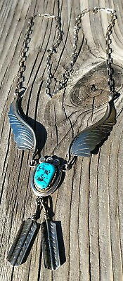#ad VNTG NATIVE AMERICAN TURQUOISE NAVAJO STERLING SILVER FEATHER NECKLACE 13.3G M $185.00