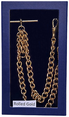 #ad Jean Pierre Rolled Gold Double Albert T Bar Pocket Watch Chain alb006 GBP 99.99