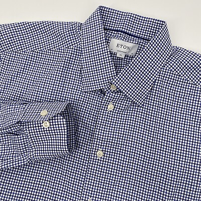 #ad Eton Men#x27;s XXL Contemporary Blue Plaid Fine Twill Long Sleeve Button Down Shirt $29.99