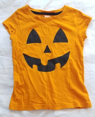 #ad Girls Pumpkin Face Halloween Orange Shirt Jack o#x27;Lantern Sparkly Glitter 6 Small $6.00