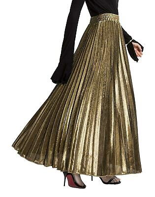#ad Women#x27;s Premium Metallic Shiny Shimmer Accordion Pleated Long Maxi Skirt Gold $12.99