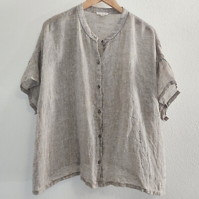 #ad Eileen Fisher Shirt Womens Plus Size 1X Tan Organic Linen Button Up Lagenlook $48.99