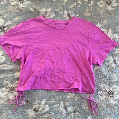 #ad Women’s Short Sleeve Ruched Side Drawstring Short T Shirt size L Large Pink Boxy $6.50