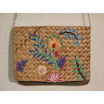 #ad PURSE WOVEN WITH STRAW FLOWERS SHOULDER CHAIN TROPICAL SUMMER $12.86