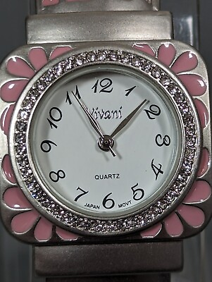 #ad Vivani White Dial Crystal Accent Silver Tone Pink Inlay Hinge Bracelet Watch $13.99