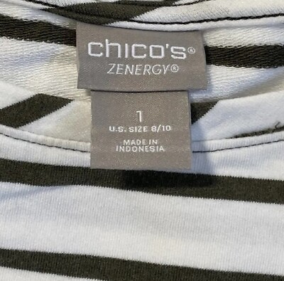 #ad Chico’s Zenergy Olive Green Stripe Shoty Sleeve Shirt Chico’s Size 1 Reg M 8 $7.99