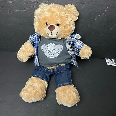 #ad Build A Bear Tan Beige Teddy Animal Plush With Plaid T Shirt amp; Jeans Size 16” $24.95