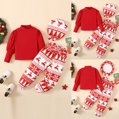 #ad Girls Kids Long Puff Sleeve Sweater Christmas Print Pants Hat Clothes Outfits $20.59