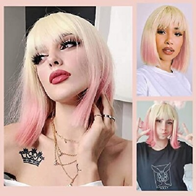 #ad Women#x27;s Short Blonde Pink Wig for Women Ombre Bob Wig With bangs Colorful Bob US $16.14