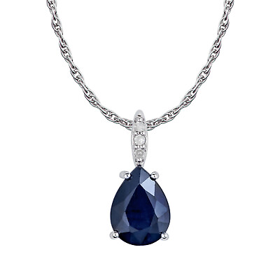 #ad 10k White Gold Genuine Pear Shape Sapphire and Diamond Teardrop Pendant Necklace $143.99