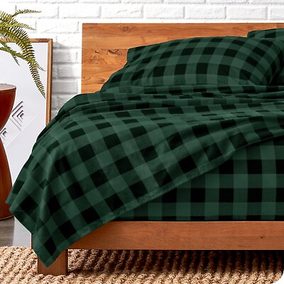 #ad 100% Cotton Flannel Sheet Sets Buffalo Plaid Forest Green Black SOLD AS IS $22.99