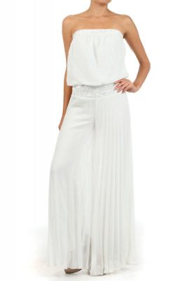#ad Womens Ladies White Solid Strapless Full Length Jumpsuit With Lace Trim On Waist $57.00