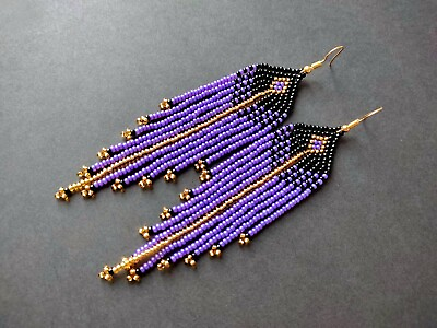 #ad Feather Seed bead Earring Dangle beaded earrings Purple Handwoven jewelry beaded $27.00