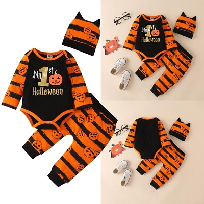 #ad Newborn Baby Boys Clothes Halloween Pumpkin Romper Tops Pants Hats Set Outfits $16.99