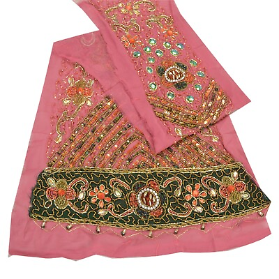 #ad Sanskriti Vintage Pure Georgette Design Fabric Hand Beaded Indian Pink Craft $17.99