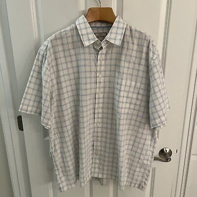 #ad Old Navy Men XXL 2XL Linen Cotton Blend Shirt Short Sleeve White Blue Plaid $26.77