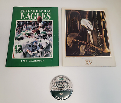 #ad 1989 Philadelphia Eagles Yearbook 1986 Team Pin and NFL Superbowl XV Paperback $24.00
