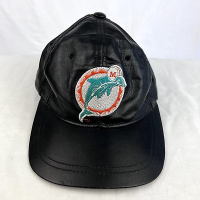 #ad Vintage Miami Dolphins Hat Leathers by Universal Cap Black Logo Embroidered $32.89