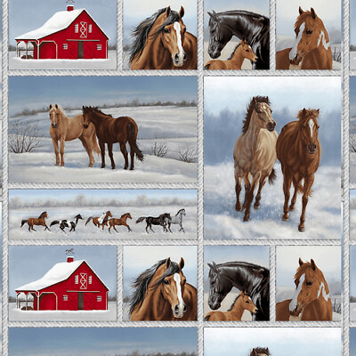 #ad Animal Fabric Winter Horse amp; Barn Patch Christmas Studio E YARD $10.98
