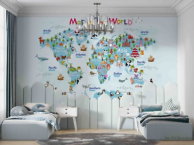 #ad 3D Blue World Map Animal Kids Wall Murals Wallpaper Murals Wall Sticker AU $199.99