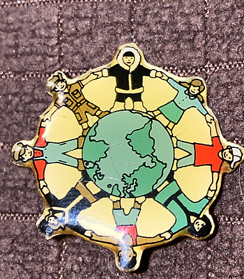 #ad Vintage We Stand Together Children Holding Hands Around The World Lapel Pin $7.00