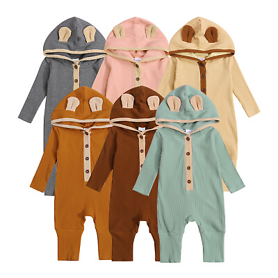 #ad Babys Contrast Color Button Round Neck Long Sleeve Hooded Jumpsuit $11.96