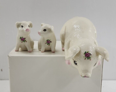 #ad Trio Of Ceramic Pig Figurines w Pink Flowers 3 pcs $12.99