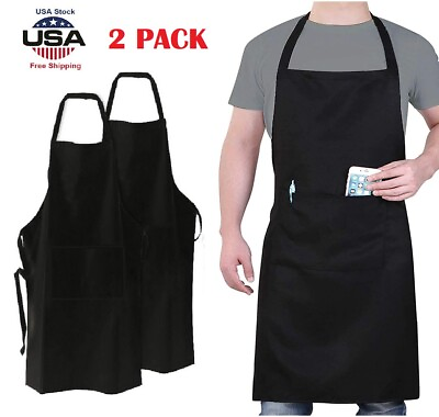 #ad 2PCS Waterproof Chef Apron Black Catering Cooking Kitchen Butcher w 2 Pocket US $9.62