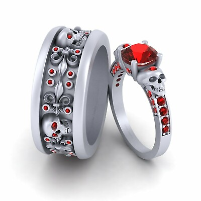 #ad Gothic Skull Halloween Red Garnet Engagement Anniversary 925 Silver Ring amp; Band $124.04