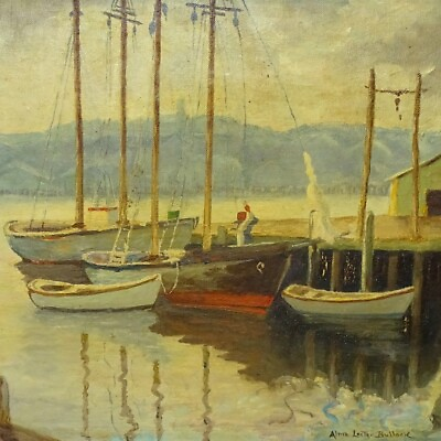 #ad 1957 Gloucester MA Sailboats Harbor Nautical Oil Painting Signed Bullock 20x16 $379.00