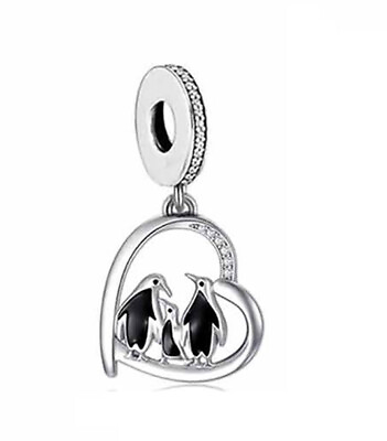 #ad Love Heart Penguin Family Children Baby Bead Sterling Silver 925 GBP 17.98