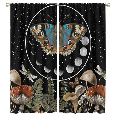 #ad Butterfly Mushroom Window Curtains for Kids Moon Phase Vintage Woodland Boho... $24.34
