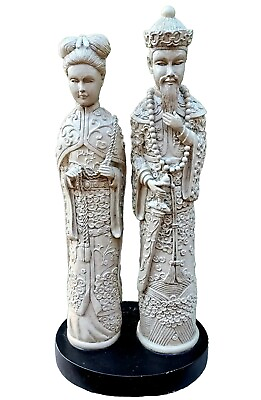 #ad Vintage Pair Chinese Emperor Empress Carved Fugurines on standGreat Details $100.00
