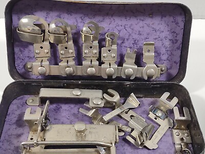 #ad Tin Box And Lot Of Rotary Sewing Machine Attachments $10.80