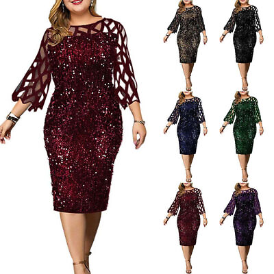 #ad Plus Womens Sequins Midi Dress Ladies Evening Cocktail Formal Party Gown Autumn $29.39