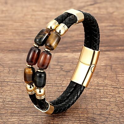#ad Men Multilayer Braided Bracelet Man Leather Rope Bangle Handmade Stone Bracelets $25.45