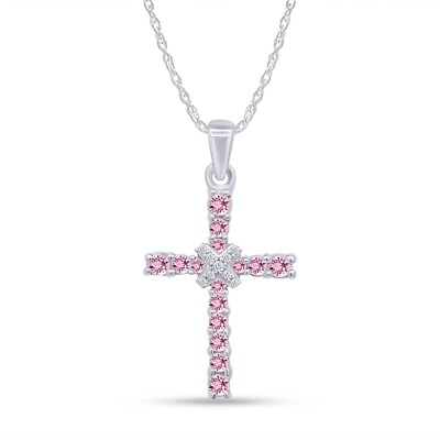 #ad Round Cut Pink amp; White Sapphire Cross Pendant 925 Sterling Silver 18quot; Chain $55.19