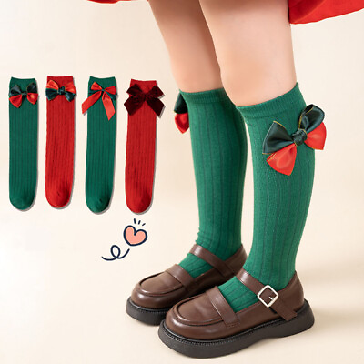 #ad Winter Christmas Baby Girls Big Bow Socks Toddlers Knee High Long Kids Sock 、 $3.57