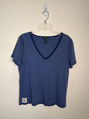 #ad Lauren Jeans Ralph Lauren Women#x27;s XL V Neck Short Sleeve Blue Striped Tee $14.50
