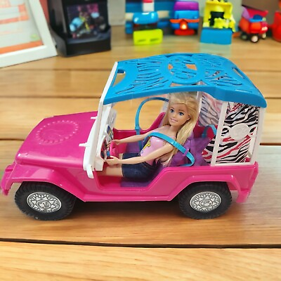 #ad 2012 Barbie Safari Cruiser Pink Jeep Zebra Print Fabric Curtains w Barbie Doll $39.38