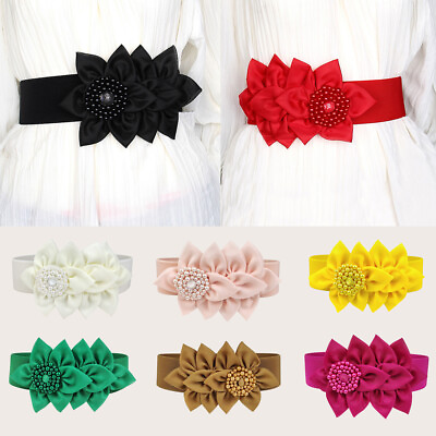 #ad Big Flower Elastic Waist Belt Pearl Beads Floral Wide Belt Dress Decor Fashion C $10.89