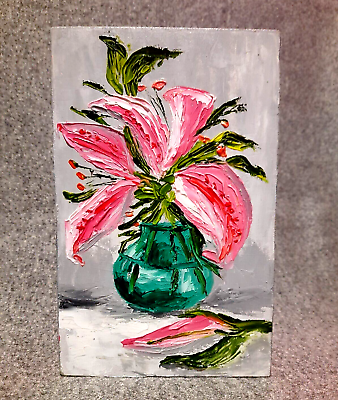 #ad Oil painting5x8quot;Flowers in a vase.Abstraction.Still life.Stylish modern mini art $29.00