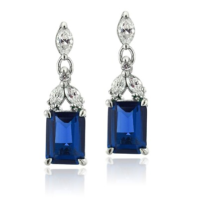 #ad #ad 925 Silver Lab Created Blue Sapphire amp; CZ Rectangle Dangle Earrings $22.99