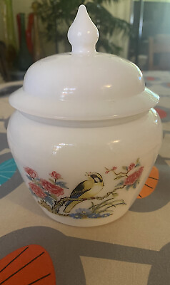 #ad Avon Dynasty 1971 Milk Glass Ginger Jar Oriole and Flower Design Lidded Bird $8.90