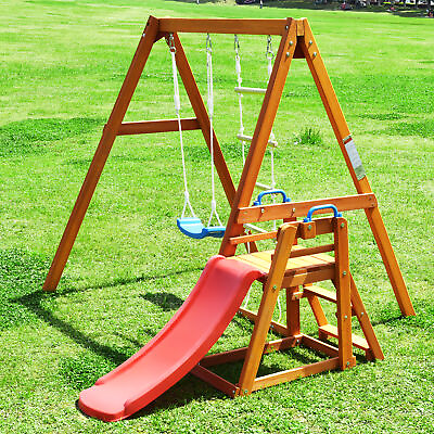 #ad Wooden Swing N Slide Set Kids Climbers Outdoor Activity Playground Climb Swing $330.59