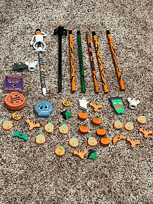 #ad 90#x27;S VINTAGE LOT OF 29 HALLOWEEN ERASERS 6 PENCILS AND 3 TOPPERS PUMPKIN $14.00