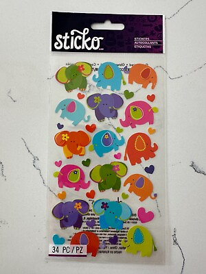 #ad Sticko Autocollant 34 PC Multi Color Elephant Party N Hearts Scrapbooking Craft $4.49